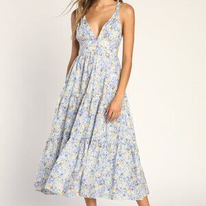 Lulus Brightly Blossoming Light Blue Floral Tiered Midi Dress - Size M